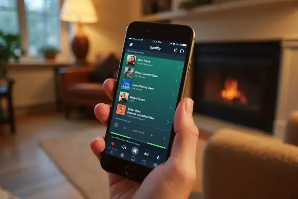 Dłoń trzyma smartfon z otwartą aplikacją Spotify, na ekranie widoczna lista utworów.